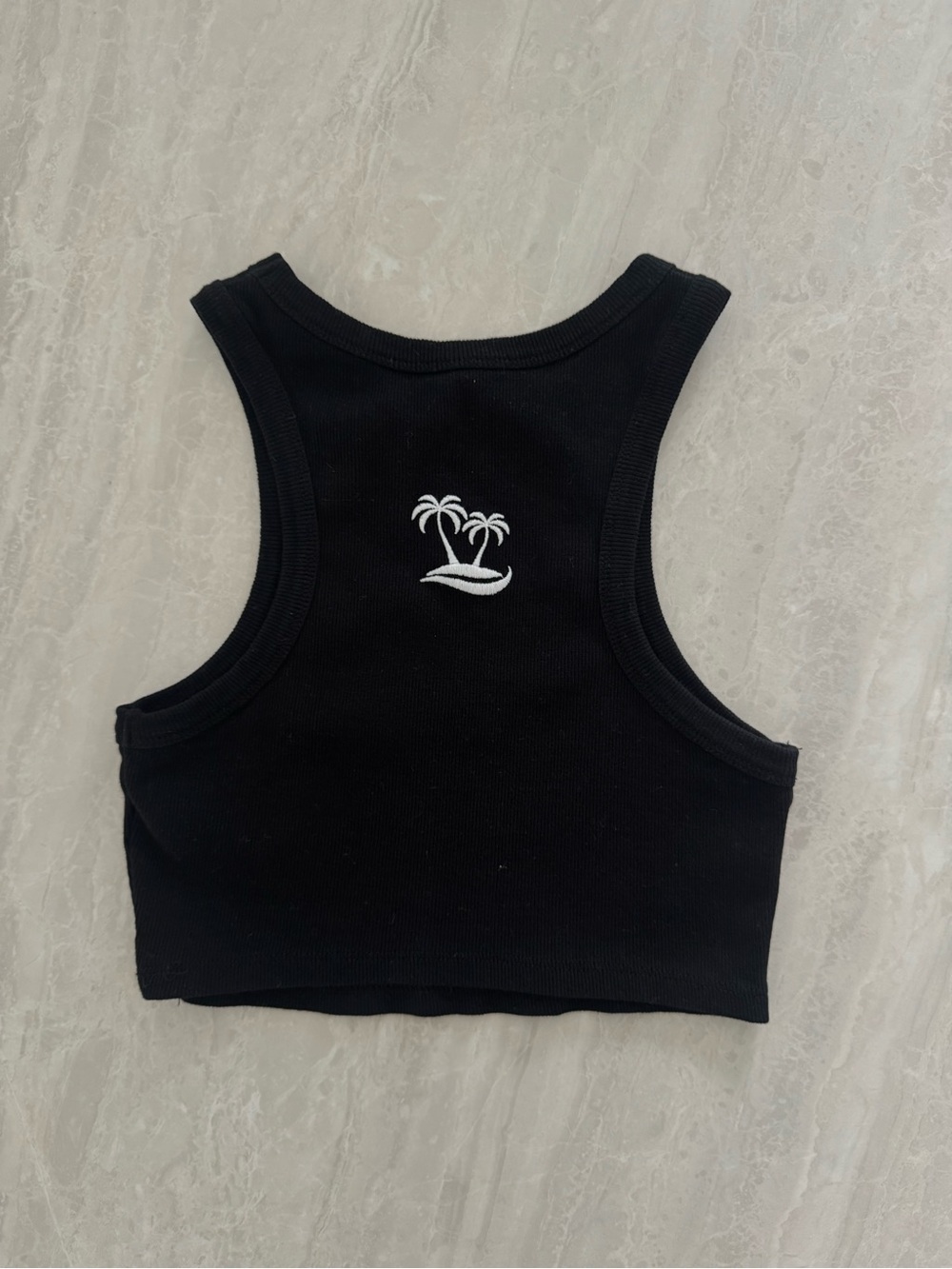Black Cropped Ribbed Tank with White Palm Tree Embroidery